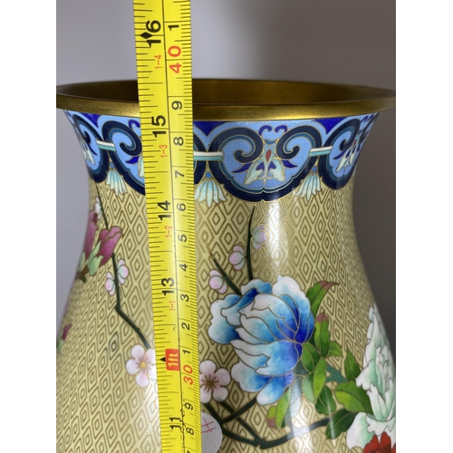 375 - A LARGE PAIR OF CHINESE CLOISONNE BALUSTER FORM VASES WITH BIRD AND FLORAL DECORATION, HEIGHT 39CM