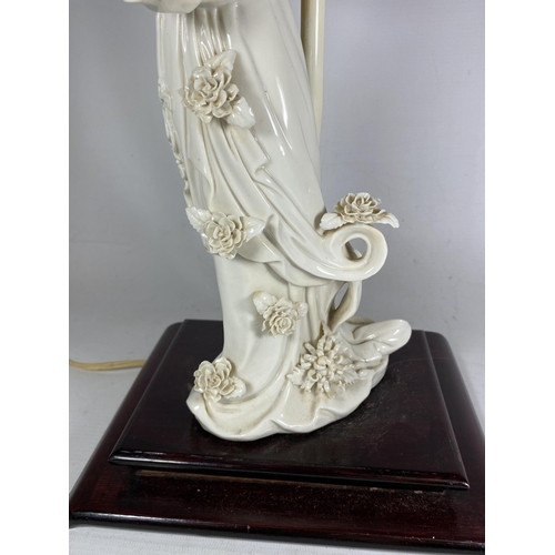 376 - A CHINESE BLANC DE CHINE CHINESE FIGURAL PORCELAIN TABLE LAMP, HEIGHT INCLUDING FITTING 48CM