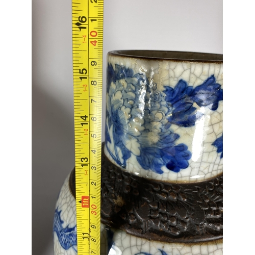 378 - A PAIR OF EARLY 20TH CENTURY CHINESE BLUE AND WHITE CRACKLE GLAZE DRAGON DESIGN VASES, A/F, HEIGHT 3... 