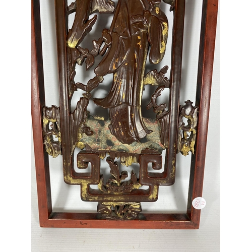 380 - A CHINESE LACQUERED WOODEN PANEL WITH GEISHA GIRL DESIGN, 23 X 53CM