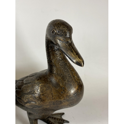 395 - A PAIR OF ORIENTAL SPELTER DUCK MODELS, UNSIGNED, HEIGHT 27CM