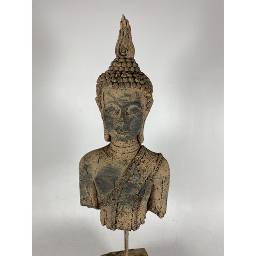 414 - A DECORATIVE STONE BUDDHA ON METAL POLE AND SQUARE BASE, HEIGHT 39CM