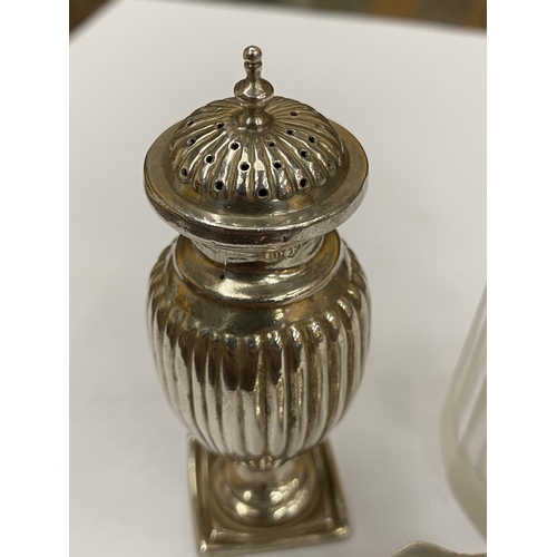 6 - THREE SILVER ITEMS - HALLMARKED PEPPERETTE, OPEN SALT AND SILVER TOPPED SUGAR SIFTER