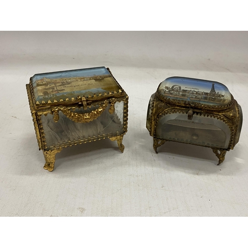 16 - TWO VINTAGE FRENCH BRASS ORMELU GILT TRINKET BOXES - ONE WITH BLACKPOOL SCENE