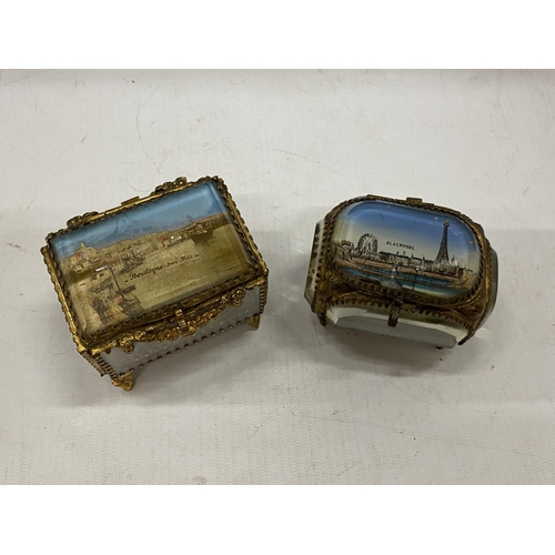 16 - TWO VINTAGE FRENCH BRASS ORMELU GILT TRINKET BOXES - ONE WITH BLACKPOOL SCENE