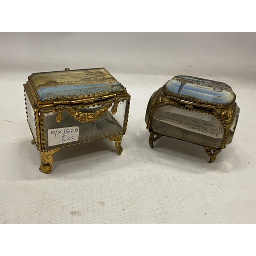 16 - TWO VINTAGE FRENCH BRASS ORMELU GILT TRINKET BOXES - ONE WITH BLACKPOOL SCENE