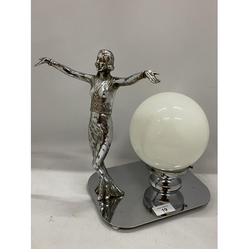 19 - AN ART DECO CHROME LADY LAMP WITH WHITE GLASS DOME SHADE AND SPARE SHADE, HEIGHT 30CM