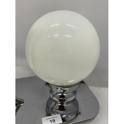 19 - AN ART DECO CHROME LADY LAMP WITH WHITE GLASS DOME SHADE AND SPARE SHADE, HEIGHT 30CM