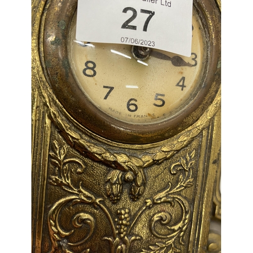 27 - AN ART NOUVEAU DESIGN FRENCH BRASS CLOCK GARNITURE SET, HEIGHT 22CM