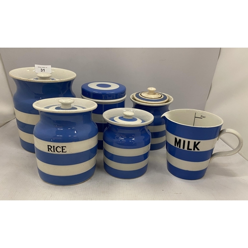 31 - A COLLECTION OF SIX VINTAGE T.G GREEN & CO CORNISH WARE KITCHEN JARS TO INCLUDE A RICE EXAMPLE AND M... 