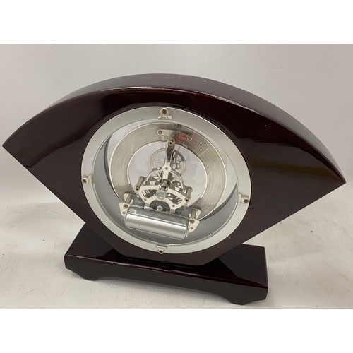 38 - A WOODEN CASED SKELETON MANTLE CLOCK WITH HALLMARKED SILVER PRESENTATION PLAQUE, HEIGHT 22CM