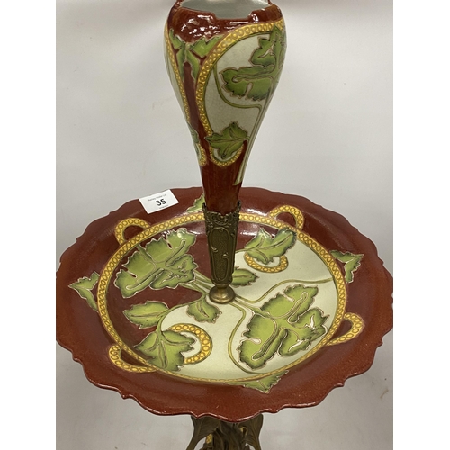 35 - AN ART NOUVEAU CERAMIC AND GILT PEDESTAL CENTRE PIECE, HEIGHT 63CM