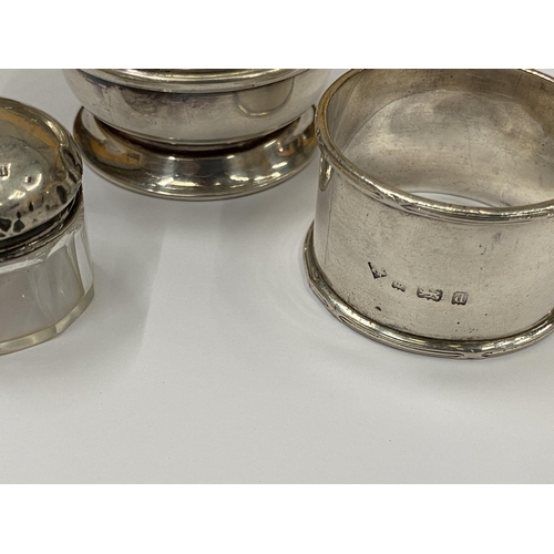 466 - THREE PIECES OF SILVER- NAPKIN RING, GLASS AND SILVER POT AND FURTHER INKWELL