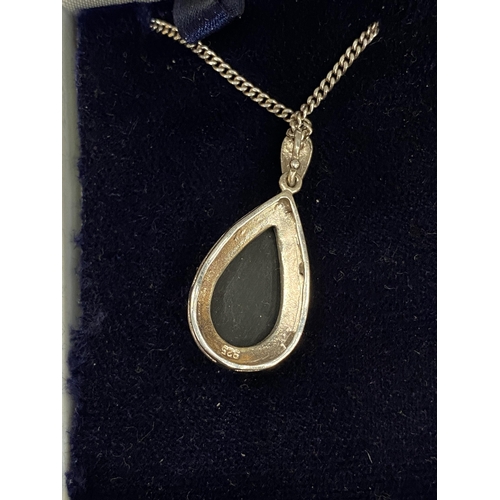 468 - A SILVER AND LARGE DROP PENDANT NECKLACE, BOXED