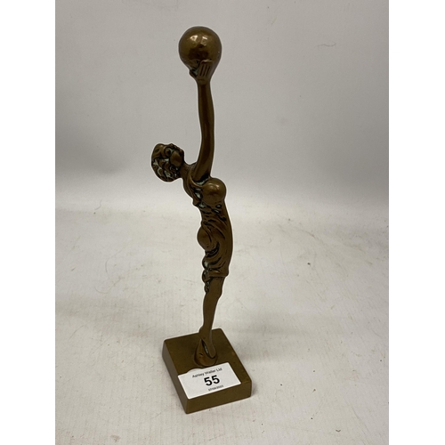 55 - AN ART DECO BRASS FIGURE OF A LADY HOLDING A BALL, HEIGHT 24.5CM