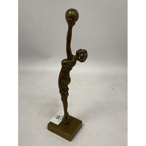 55 - AN ART DECO BRASS FIGURE OF A LADY HOLDING A BALL, HEIGHT 24.5CM