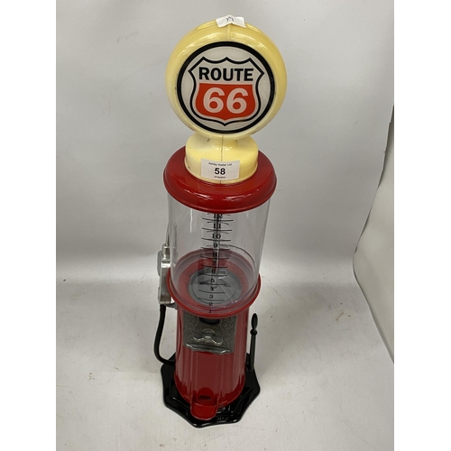 58 - A ROUTE 66 PETROL PUMP DESIGN BUBBLEGUM MACHINE, HEIGHT 55CM