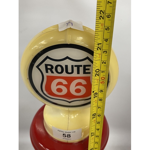 58 - A ROUTE 66 PETROL PUMP DESIGN BUBBLEGUM MACHINE, HEIGHT 55CM