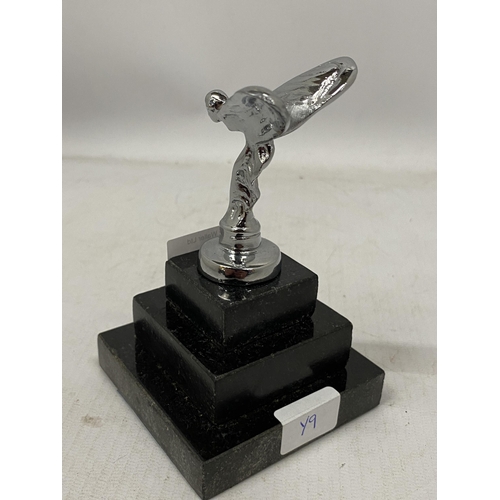 63 - A CHROME SPIRIT OF ECSTASY MODEL ON MARBLE BASE, HEIGHT 13.5CM