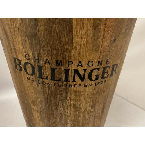 72 - A WOODEN BOLLINGER CHAMPAGNE BUCKET WITH HANDLE, HEIGHT 40CM