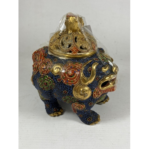 418 - A CHINESE SATSUMA STYLE DOG INCENSE BURNER, HEIGHT 14CM