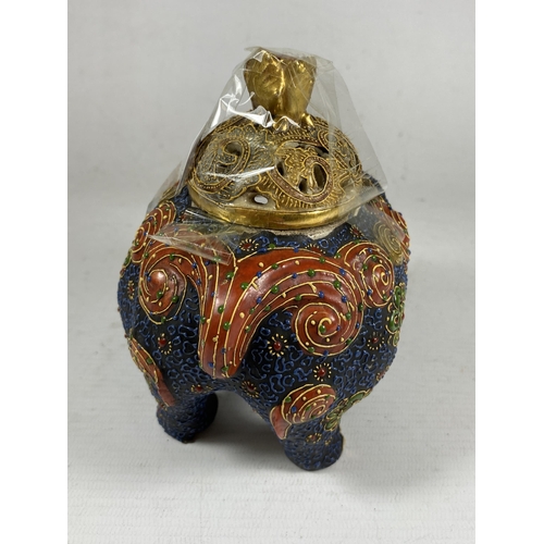 418 - A CHINESE SATSUMA STYLE DOG INCENSE BURNER, HEIGHT 14CM