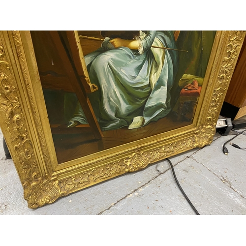 73 - A LARGE GILT FRAMED CLASSICAL STYLE OIL ON CANVAS, UNSIGNED, 83 X 113CM