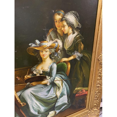 73 - A LARGE GILT FRAMED CLASSICAL STYLE OIL ON CANVAS, UNSIGNED, 83 X 113CM