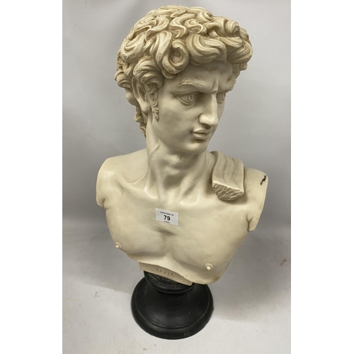 79 - A LARGE DECORATIVE HEAVY RESIN BUST OF DAVID, HEIGHT 53CM