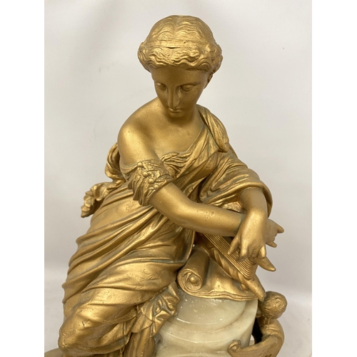 80 - A VINTAGE GILT EFFECT SPELTER FIGURAL MANTLE CLOCK, HEIGHT 52CM