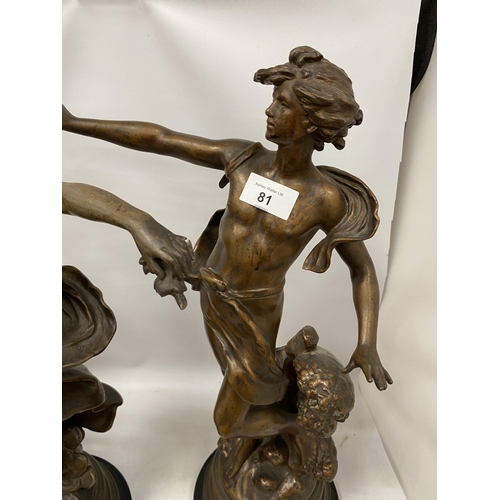 81 - A PAIR OF VINTAGE SPELTER CLASSIC FIGURES, HEIGHT 54CM