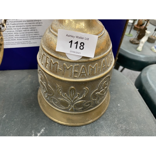 118 - A LARGE, HEAVY BRASS WALL BELL WITH LATIN MOTTO - 'WHO TOUCHES ME, HEARS MY VOICE'