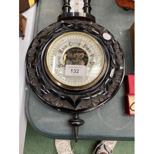 132 - AN EBONY FRAMED VINTAGE BAROMETER AND THERMOMETER PLUS A ROUND METAL BAROMETER