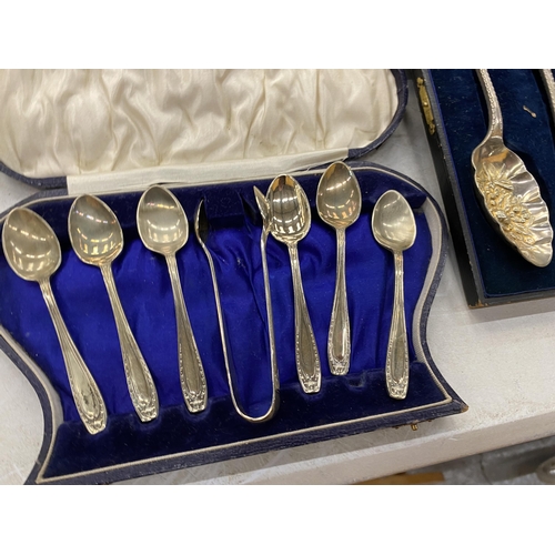 155 - FOUR CASED VINTAGE SILVER PLATED FLATWARE SETS, BERRY SPOONS, ARTHUR PRICE ETC