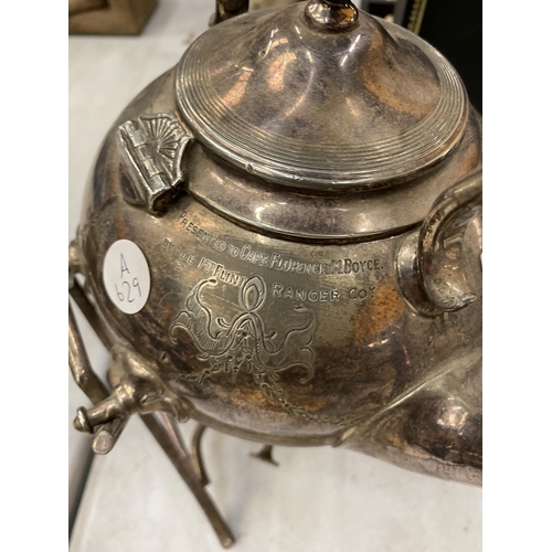 162 - A VINTAGE SILVER PLATED SPIRIT KETTLE PRESENTED TO CAPTAIN FLORENCE M BOYCE ON THE OCCASSION OF HER ... 