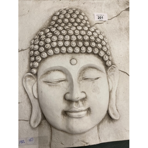 201 - A PLASTER BUDDAH WALL PLAQUE 38CM X 38CM