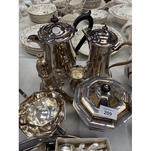 209 - A LARGE QUANTITY OF SILVER PLATE TO INCLUDE A TEASET, TRAY, FLOUR SIFTER, LIGHTER, CUTLERY, CRUMB TR... 