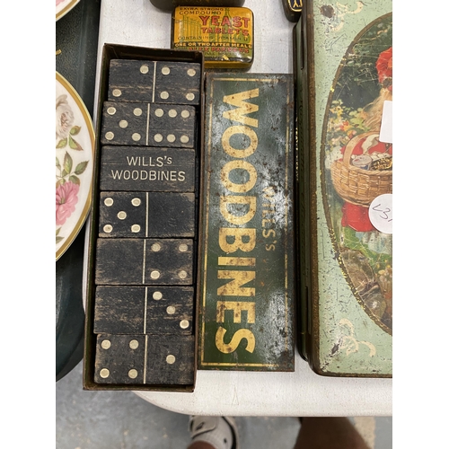 227 - A COLLECTION OF VINTAGE TINS TO INCLUDE WILL'S WOODBINES DOMINOES