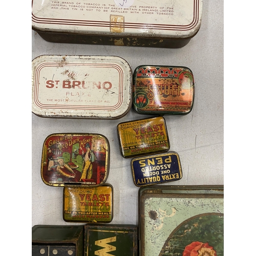 227 - A COLLECTION OF VINTAGE TINS TO INCLUDE WILL'S WOODBINES DOMINOES