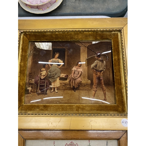 234 - TWO ITEMS - GILT FRAMED CRYSTOLEUM - A/F AND A TAPESTRY SAMPLER