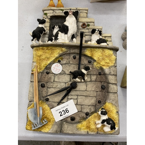 236 - A LARGE QUANTITY OF BORDER COLLIE AND SHEEP FIGURES TO INCLUDE A JAMES HERRIOT WALL CLOCK, SHERRATT ... 