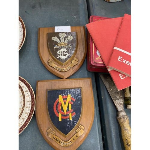 277 - FOUR SHIELDS ON WOODEN PLAQUES TO INCLUDE CHESHIRE CCC, MARYLEBONE CCC, ETC