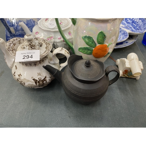 294 - A VINTAGE LOT TO INCLUDE TEAPOTS, BLUE AND WHITE CERAMICS, VASES, A PLANTER, LARGE GOSS JUG, ETC