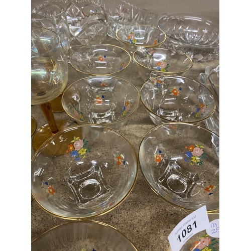 1081 - A GROUP OF VINTAGE GLASSES, FLORAL SHERRY GLASSES ETC