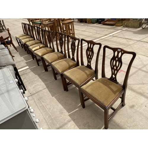 2876 - A SET OF TEN MAHOGANY CHIPPENDALE STYLE DINING CHAIRS WITH PIERCED SPLAT BACKS