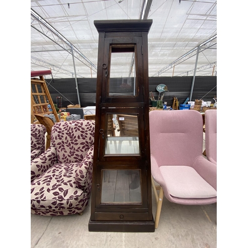 2878 - AN UNUSUAL HARDWOOD AND GLASS PYRAMID DISPLAY CASE WITH THREE TIERS AND DRAWER TO THE BASE,178CM TAL... 