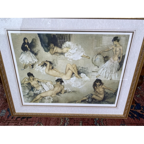 101 - A LARGE GILT FRAMED SIR WILLIAM RUSSEL FLINT PRINT OF NUDE LADIES 'VARIATIONS', NUMBERED 241/850, WI... 