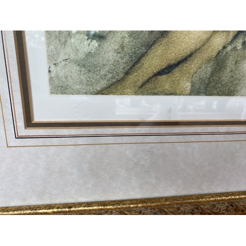 101 - A LARGE GILT FRAMED SIR WILLIAM RUSSEL FLINT PRINT OF NUDE LADIES 'VARIATIONS', NUMBERED 241/850, WI... 