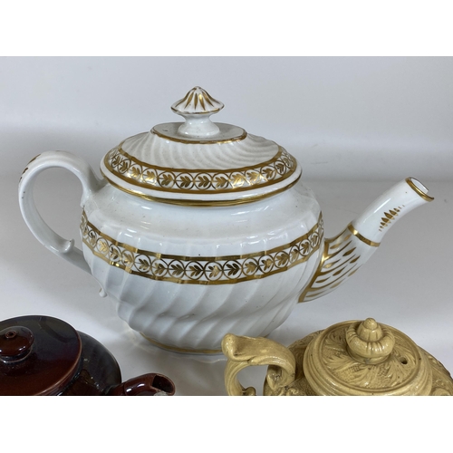 715 - A COLLECTION OF 19TH CENTURY AND LATER TEAPOTS TO INCLUDE WEDGWOOD TREACLE GLAZE SMALL EXAMPLE ETC