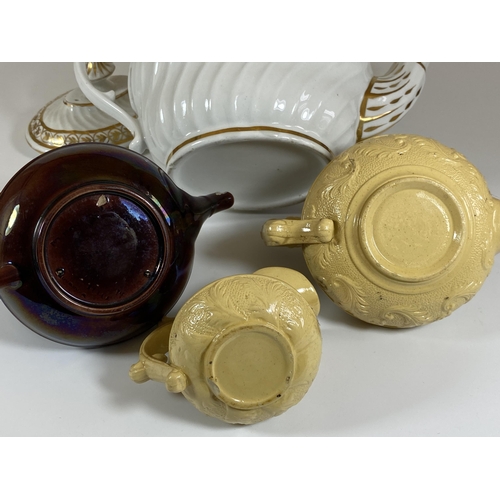 715 - A COLLECTION OF 19TH CENTURY AND LATER TEAPOTS TO INCLUDE WEDGWOOD TREACLE GLAZE SMALL EXAMPLE ETC